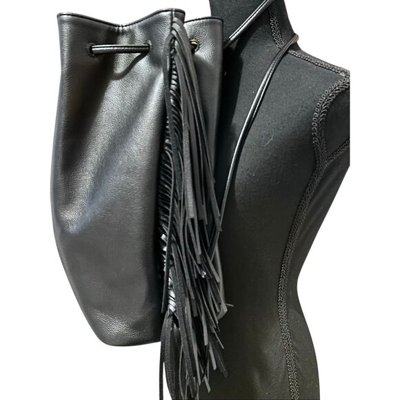 Victoria’s Secret Black Drawstring Fringed Backback Tote Faux Leather NWOT - Picture 3 of 11